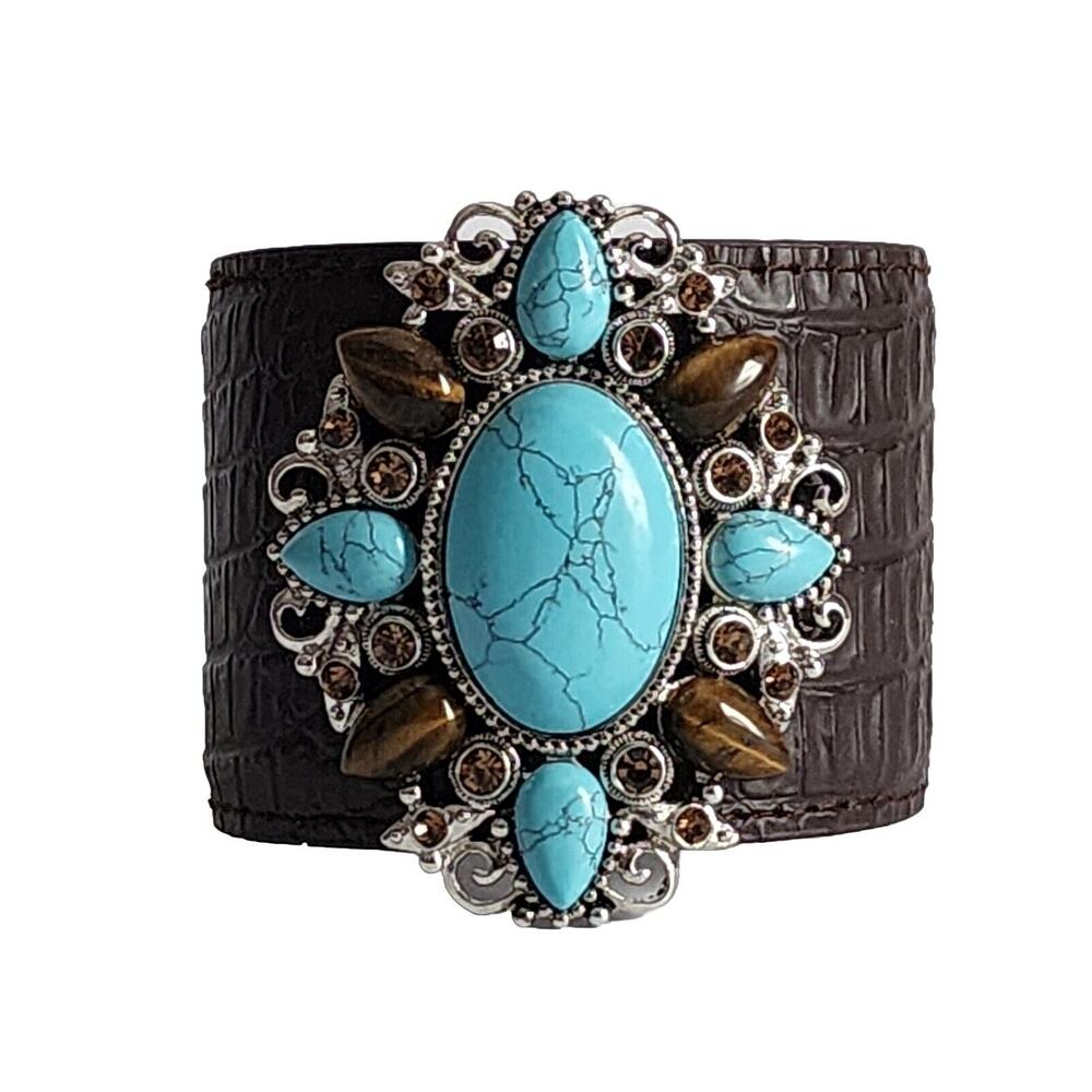 Andara Leather Cuff Bracelet Turquoise Medallion & Tigers Eye Rhodium Southwest
